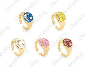 18K Gold Filled Signet ring, Enamel Ring, Enamel Charm, Micropavé CZ Gold Open Ring, Adjustable Ring, Moon Ring, Star Ring