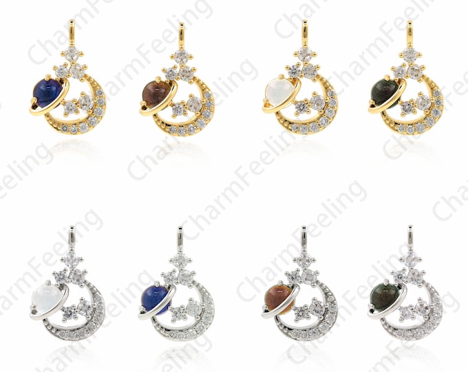 18K Gold Filled Moon Pendant, Planet Necklace, Saturn Charm, Micropavé CZ Crescent Charm, DIY Jewelry Making Supplies, 22.5x15x5.7mm