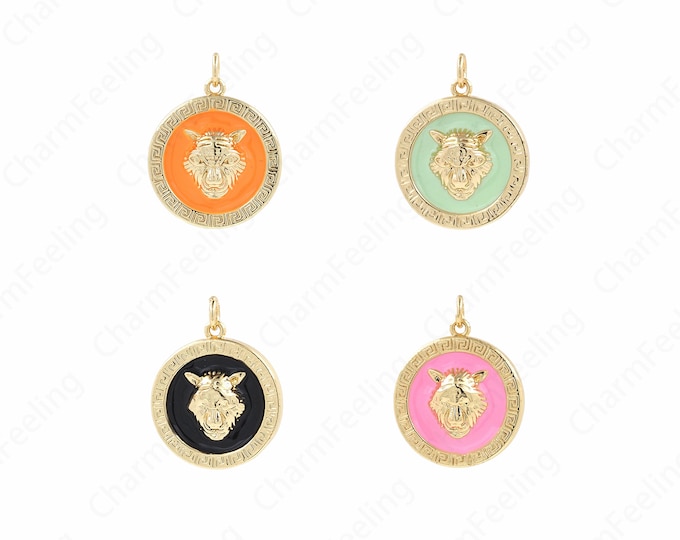 Enamel Lion Pendant, 18K Gold Filled Lion Head Pendant, Lion Charm, Animal Charm, Round Coin Pendant, DIY Jewelry Accessories 20x25x4.5mm