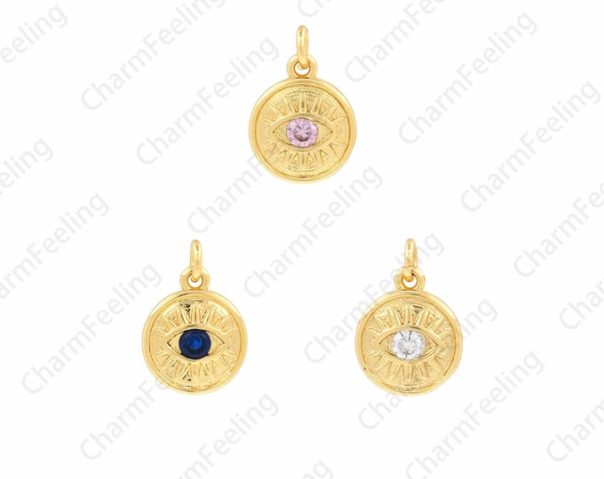 Round Eye Pendant, 18K Gold Filled Coin Pendant, Micropavé CZ Eye Necklace, Eye Charm,DIY Jewelry Accessories, 10x14x2mm