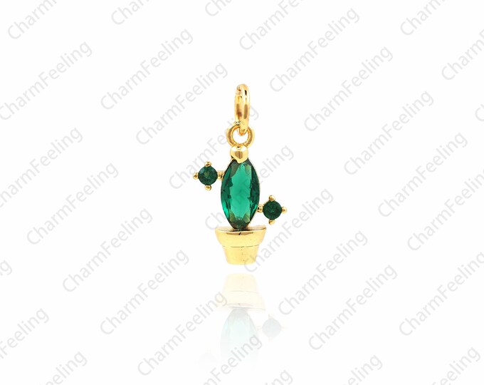 Green Cactus Necklace Pendant，CZ Micro Pave Cactus，Plant Charm 14 ×7.5 ×2.7mm 1pcs