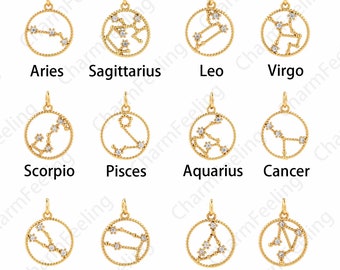 18K Gold Filled Zodiac Pendant, Zodiac Charm, Round Pendant, Micropavé CZ Zodiac Charm, DIY Jewelry Supplies, 19x15x2.5mm