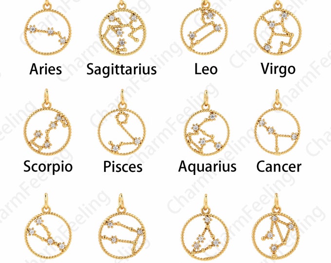 18K Gold Filled Zodiac Pendant, Zodiac Charm, Round Pendant, Micropavé CZ Zodiac Charm, DIY Jewelry Supplies, 19x15x2.5mm