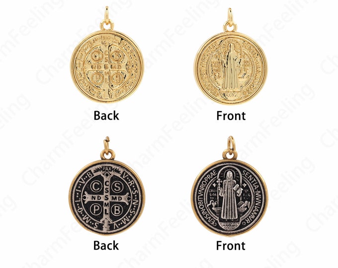 CSSML Benedictine Gold medal Charm,18K Gold Filled Saint Benedict Cross Charm, Micropavé CZ Round Pendant,25x20x2mm