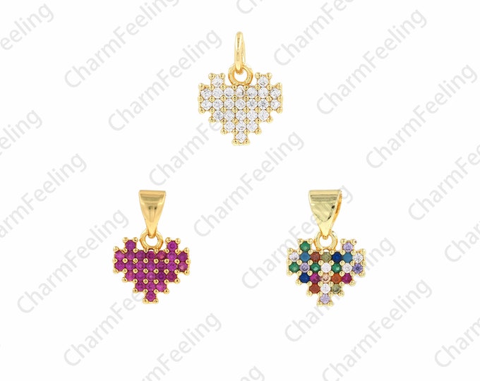 Pixel Heart Pendant, Micropavé CZ Love Charm, 18K Gold Filled Pixel Charm, Gift For Her, DIY Jewelry Supplies, 10x14.5x1.7mm