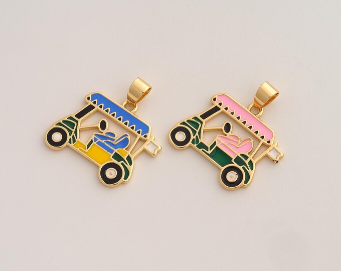 Enamel Golf Cart Pendant,Golf Pendant,18K Gold Filled Car Charm,DIY Jewelry Accessories,26.8x24x1.7mm