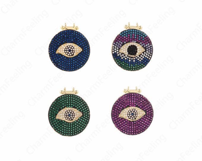18K Gold Filled Eye Medal,Micropavé CZ Eyes On Coin Necklace,Eye Pendant, Eye Charm, DIY Jewelry Making Accessories 34x30x4.5mm