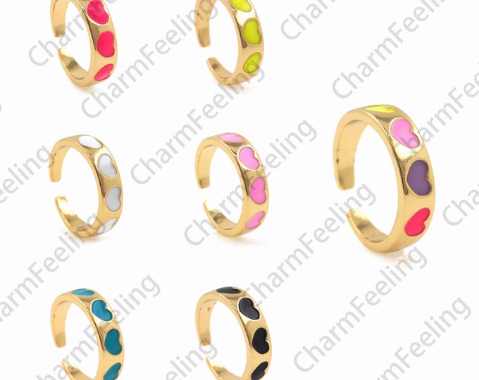 18K Gold Filled Enamel Love Heart Ring, Enamel Heart-Shaped Ring, Heart-Shaped Jewelry, Enamel Jewelry, Gold Open Ring, Adjustable Ring
