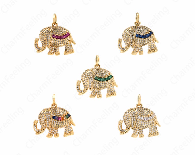 Micropavé CZ Elephant Pendant,Elephant Charm, 18K Gold Filled Elephant Necklace, Elephant Pendant, Enamel Charm,23x22.5x6mm