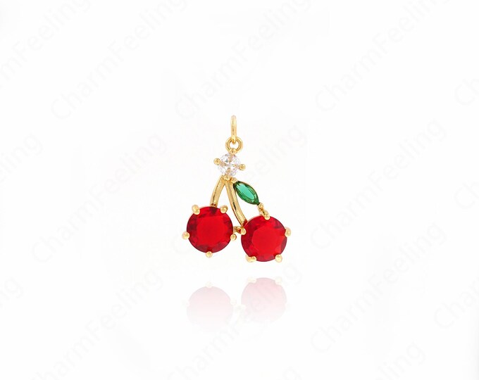 18K Gold Filled Cherry Charm, Cherry Pendant, Micropavé CZ Fruit Charm, Fruit Necklace, DIY Jewelry Accessories, 24.6x18.5x5.3mm