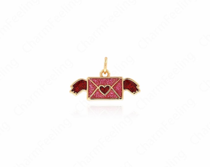 Envelope Pendant, Letter Writing Charm, 18K Gold Filled Enamel Charm, Love Letter Necklace, DIY Jewelry Supplies, 12x20x2mm