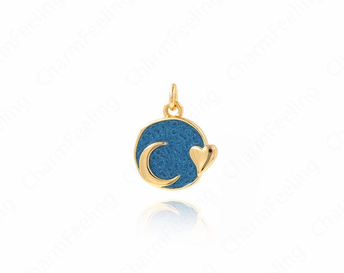 Crescent Charm, 18K Gold Filled Round Pendant, Black Enamel Necklace, Moon Pendant, Sun Pendant, Star Charm, 15.5x12x1.5mm