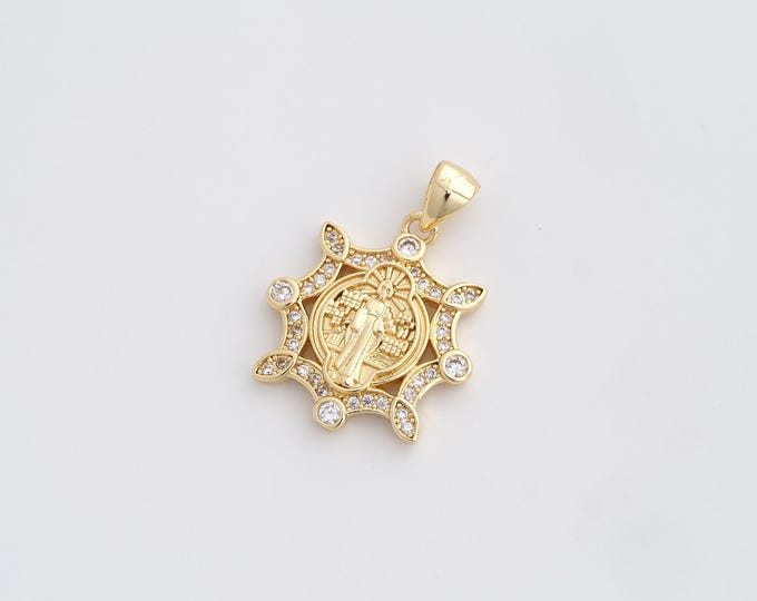 Christian Charm,Micropavé CZ Jesus Pendant, 18K Gold Filled Round Charm, Religious Charm, DIY Jewelry Supplies,26.2x19x2.8mm