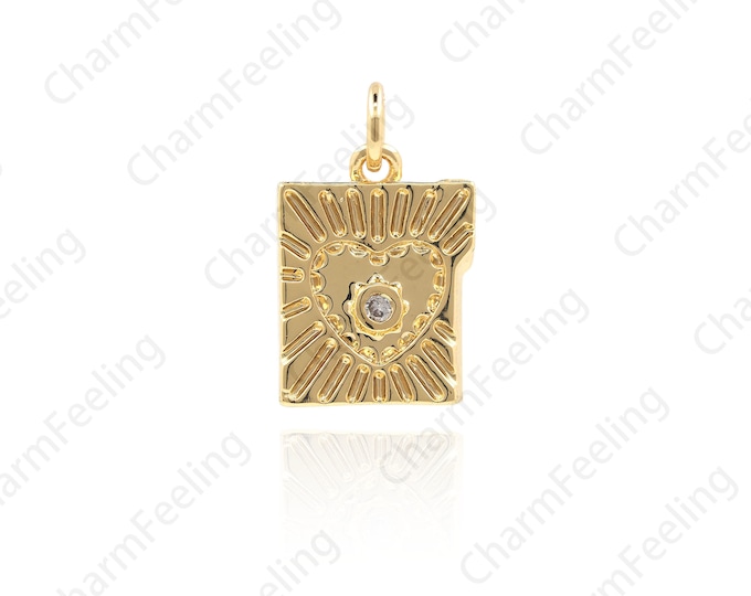 Micro-Pave Rectangular Heart Necklace, CZ Heart Pendant, Gold Heart-Shaped Necklace, Heart Charm, DIY Jewelry Supplies 18.6x11.4x2.5mm 1pcs