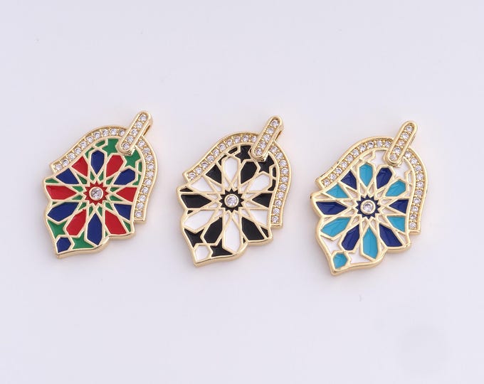 Enamel Hamsa Pendant, Slap Necklace, Micropavé CZ Hamsa Charm, 18K Gold Filled Hand Pendant, DIY Jewelry Supplies, 25x16.7x2mm
