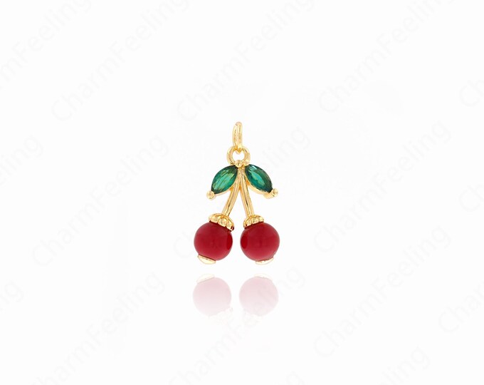 18K Gold Filled Cherry Pendant,Enamel Cherry Necklace,Fruit Charm, Enamel Charm,Enamel Pendant,Fruit Necklace,Fruit Pendant, 22.2x13.5x6.2mm
