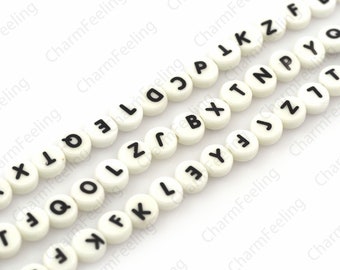 Initial Ceramic Beads, White Porcelain Name Beads, Creative Porcelain Jewelry, Round Alphabet Beads, Flat Round Mixed Letters, 8x8x4mm