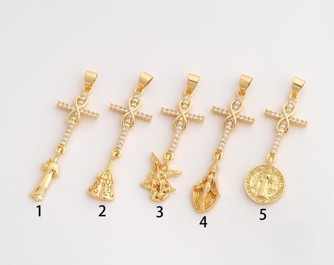 CZ Pope Jesus Cross Pendant,Religious Pendant,18K Gold Filled San Miguel Virgin Mary Charm,DIY Jewelry Accessories,41x13.6x2.8mm