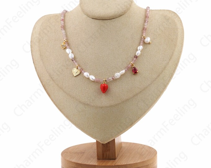 Everyday Necklace,Heart Pearl Necklace, Micropavé CZ Pearl Necklace, 18K Gold Filled Spacer Bead Necklace, Gift For Her, 40cm