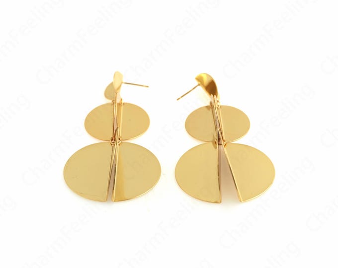 Drop Stud Earrings, 18K Gold Filled Bohemian Stud Earrings, Round Earrings, Thick Gold Earrings, Gift for Her, 79.4x38x19.5mm