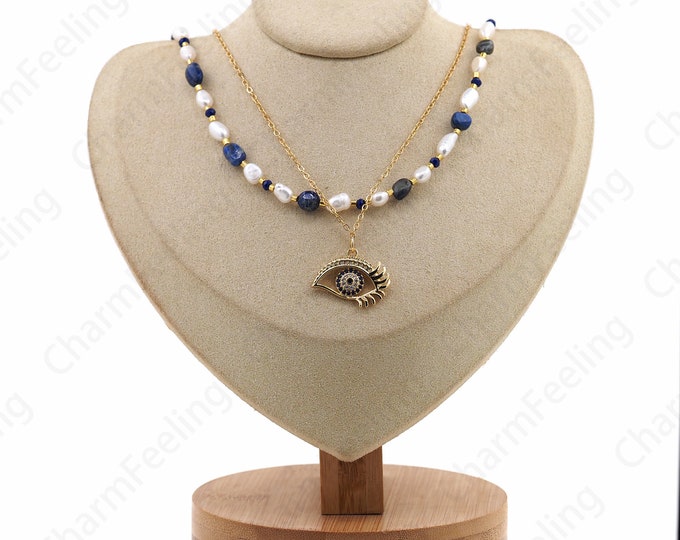 Dainty Eye Necklace, Micropavé CZ Freshwater Pearl Necklace, 18K Gold Filled Spacer Bead Necklace, Gift For Her, Everyday Necklace,43cm