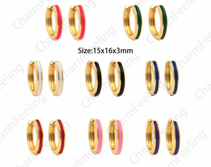 1 Pair, 18K Gold Filled Round Earrings, Enamel Earrings, Multi-Color Optional, Simple Earrings, Enamel Charm, A Gift For Her, 15x16x3mm
