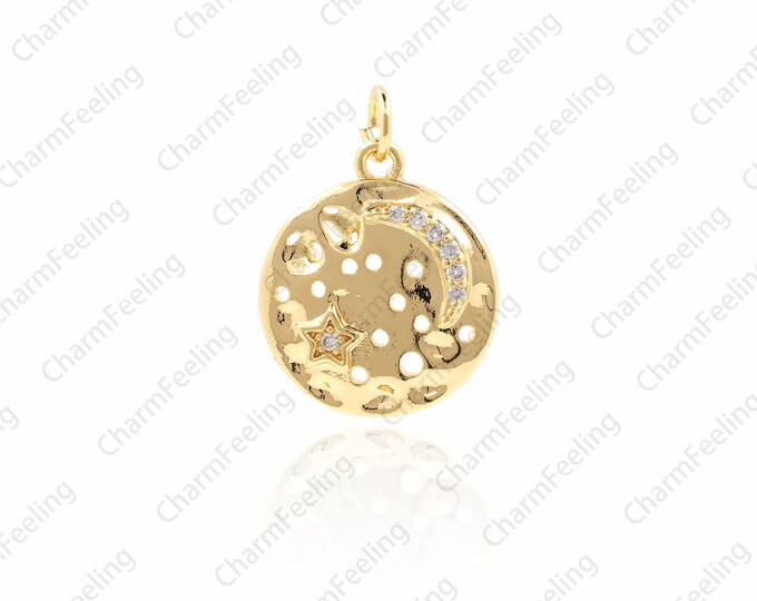 Dainty Gold Moon and Star Medallion Pendant，star necklace，earring charm 20.6x15x3.1mm 1pcs