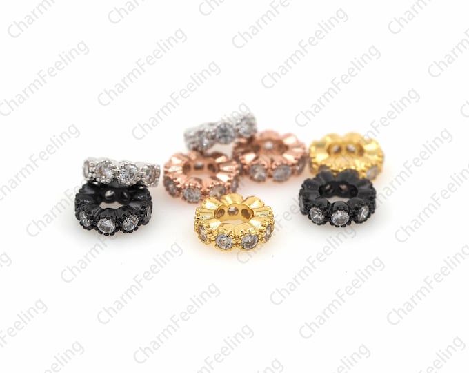 18k gold Rondelle Spacer Beads, Large Hole Beads,cz pave Spacer Beads 8.8× 2.8mm Holes: 4.5mm 1pcs