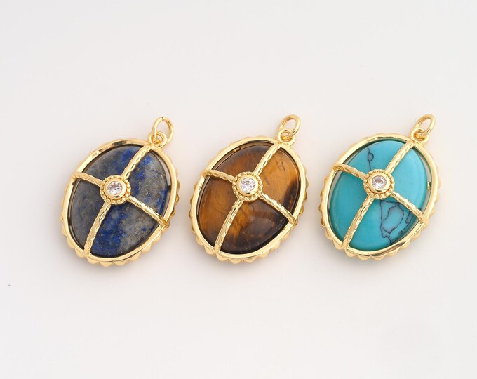 Natural Stone Pendant,Energy Stone Pendant,18K Gold Filled Oval Charm,DIY Jewelry Accessories,28.8x19x8.6mm