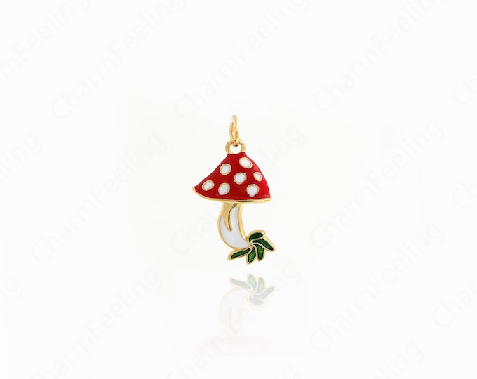 Enamel Charm, Exquisite Mushroom Pendant, 18K Gold Filled Fungus Necklace, Mushroom Charm, Gourmet Necklace, Food Pendant 23.5x12.5x2.5mm