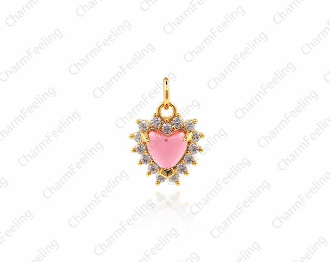 CZ Crystal Heart Charms，Golden Cubic Zirconia Heart Shaped Charm，Dangle Love Charm 12× 9× 4mm  1pcs