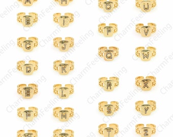 Letter Ring, Micropavé CZ Signet Ring, 18K Gold Filled Twenty Six Letter Ring, Adjustable Ring, Gold Split Ring