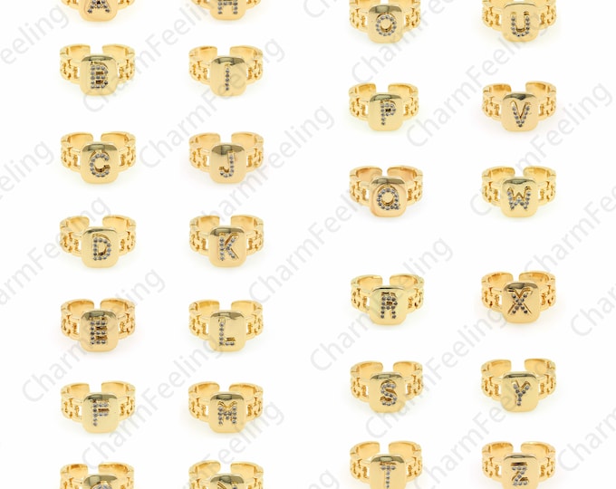 Letter Ring, Micropavé CZ Signet Ring, 18K Gold Filled Twenty Six Letter Ring, Adjustable Ring, Gold Split Ring