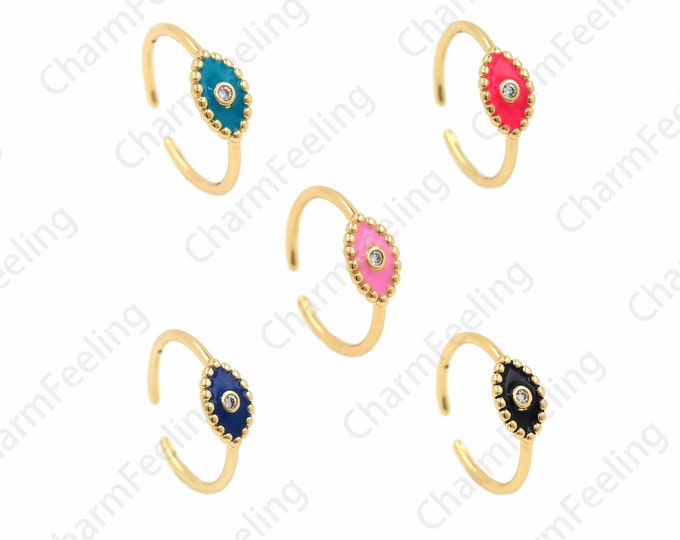 Eye Ring, Golden Open Ring, Micro pave CZ Eye Ring, 18K Gold Filled Thin Ring, Enamel Ring, Adjustable Ring,Eye Pendant