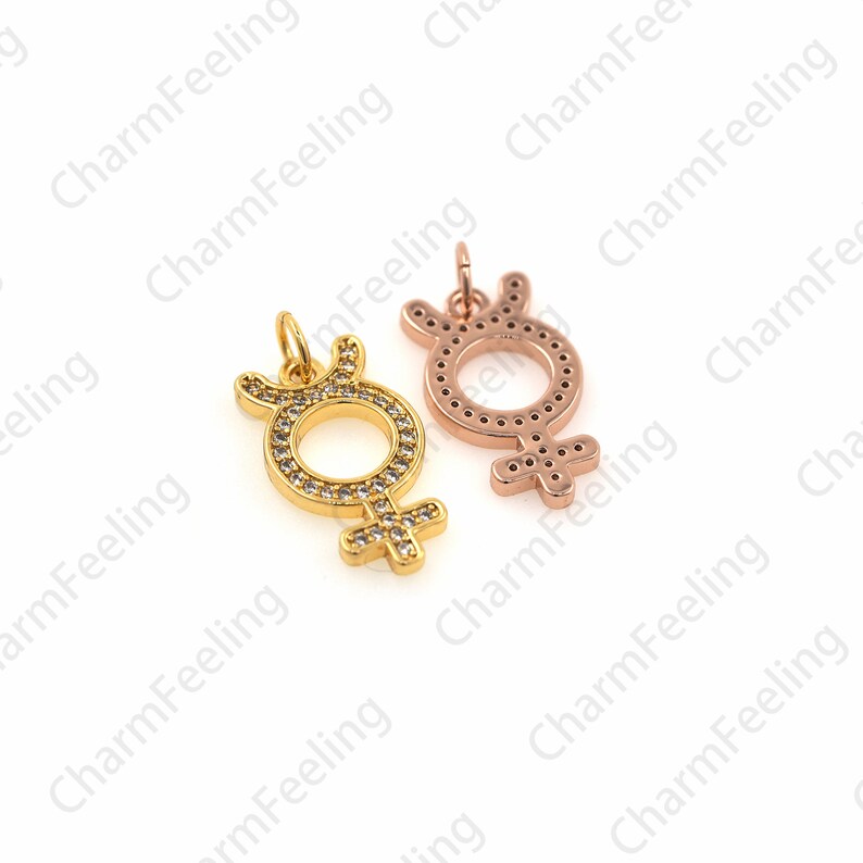 May include: Two charms in the shape of the female gender symbol, one gold and one rose gold. Both charms are adorned with clear rhinestones.