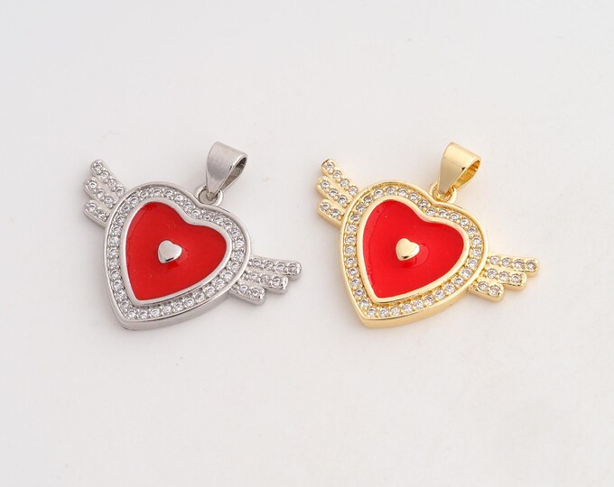 CZ Heart Pendant,Enamel Love Pendant,18K Gold Filled Angel Wings Charm,DIY Jewelry Accessories,23.2x26x2.8mm