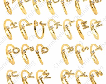 18K Gold Filled Buchstabenring, Micropavé CZ verstellbarer Ring, offener Goldring, Textring, 26 Buchstabenring, zarter Ring, Buchstabenanhänger, Ringanhänger