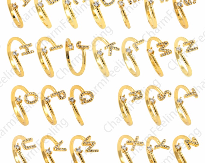 18K Gold Filled Letter Ring,Micropavé CZ Adjustable Ring,Gold Open Ring,Text Ring,26 Letter Ring,Delicate Ring,Letter Charm,Ring Charm