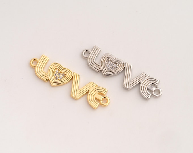 CZ LOVE Connector,Heart Connector,18K Gold filled Letter Connector,DIY Bracelet Accessories, 30.7x8.2x1.5mm