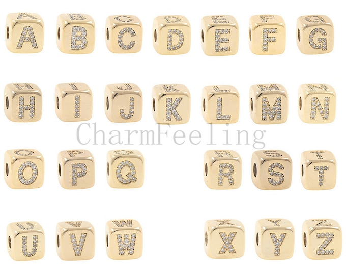 square alphabet bracelet necklace Spacer beads，Gold Plated Brass Initial Charm ,Letter Spaced Beads,alphabet pendant  9*9mm