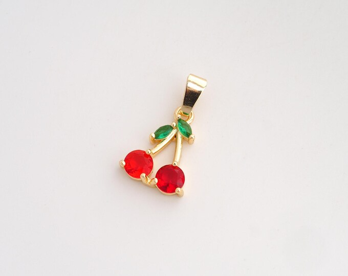 CZ Cherry Pendant,Fruit Pendant,18K Gold Filled Cherry Charm,DIY Jewelry Accessories,22x12.3x3.6mm
