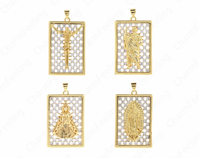 Square Pendant, 18K Gold Filled Religious Charms, Micro Pave CZ Jude Charms, Madonna Charms, Pope Charms, Jesus Charms, DIY Jewelry Supplies