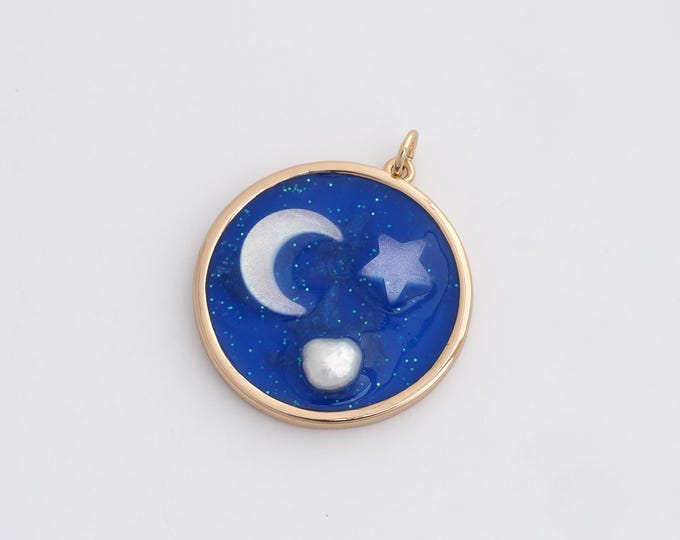 Enamel Starry Sky Necklace, 18K Gold Filled Star Bracelet, Star Pendant, Exquisite Round Necklace, Disc Pendant,33.3x27.8x5.5mm