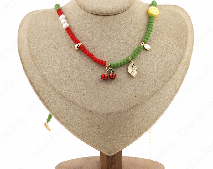 Micro Pave CZ Cherry Necklace, Fruits Necklace, Enamel Charm, 18K Gold Filled Pearl Necklace, Gemstone Necklace, Gift For Her,39cm+6cm