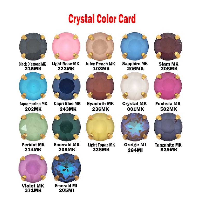 May include: A color chart of 15 different crystal colors with their corresponding names and numbers. The colors include black diamond, light rose, juicy peach, sapphire, siam, aquamarine, capri blue, hyacinth, crystal, fuchsia, peridot, emerald, light topaz, greige, and tanzanite.