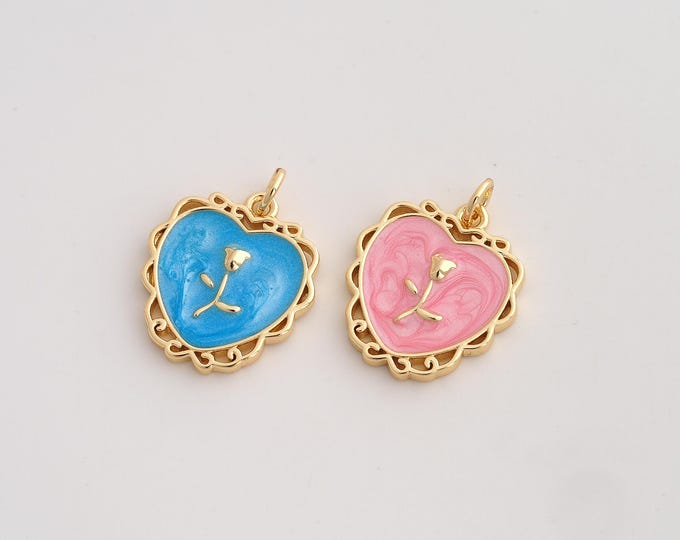 Enamel Heart Pendant,Tulip Pendant,18K Gold Filled Flower Charm,DIY Jewelry Accessories,22.2x16.8x2.7mm