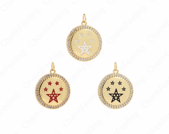 Micropavé CZ Five-Pointed Star Pendant,18K Gold Filled Round Enamel Pendant,Enamel Charm,Polaris Charm,DIY Jewelry Accessories,20x25x2.5mm