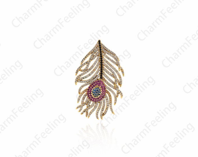 Micro-Pave Feather Pendant, Feather Charm, Gold Feather Necklace, Feather Jewelry, DIY Jewelry Making 45.3x27.1x4.8mm 1pcs