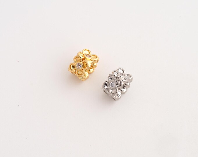 5 pcs 18K Gold Filled CZ Flower Spacer Beads,Large Hole Beads,Tube Beads,DIY Jewelry Supplies,8.5x2mm Hole 4.2mm