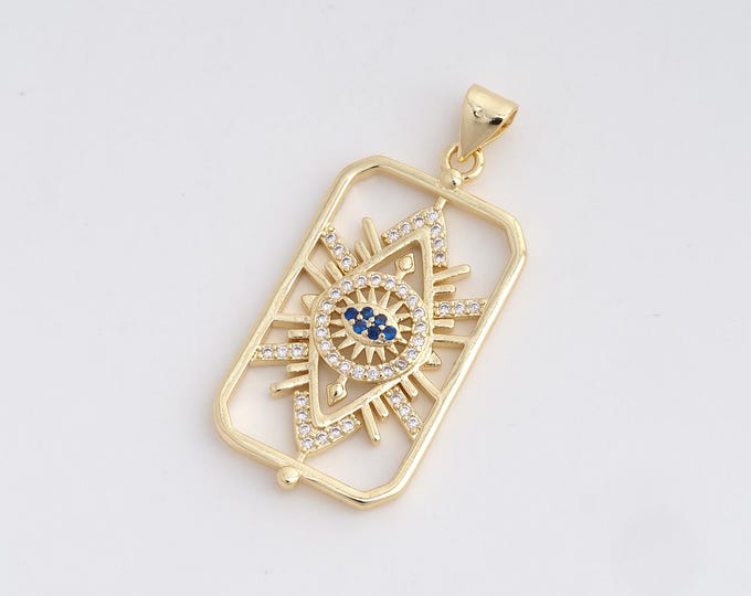 Square Eye Pendant, 18K Gold Filled Lucky Eye Charm, Micropavé CZ Eye Charm, DIY Jewelry Supplies, 37.3x17x3.2mm